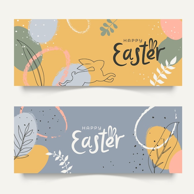 Two horizontal banners with hand drawn Easter decorations in pastel colors