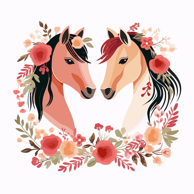 two horses in a wreath with flowers and a heart that says horses