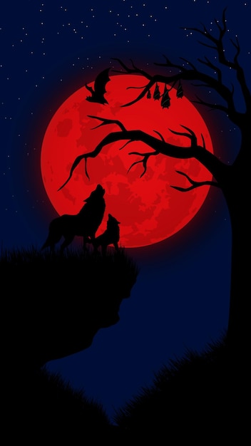 Two howling wolves on silhuoette in the midnight of full blood moon with bats.