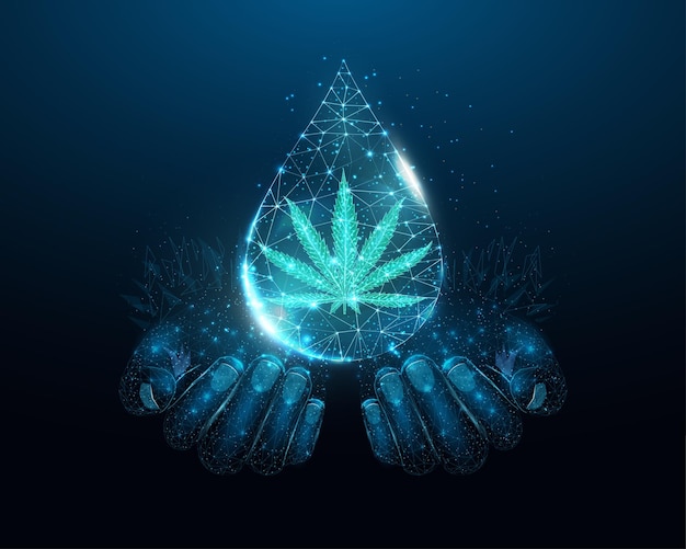 Two human hands are holds cannabis oil Low poly hemp in oil drop Wireframe glowing low poly marijuana leaf Design on dark blue background Abstract futuristic vector illustration