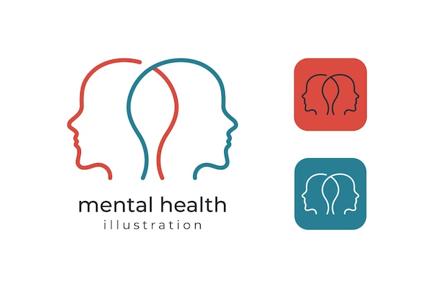 Two human heads flat line icon vector logo for mental health illustration concept