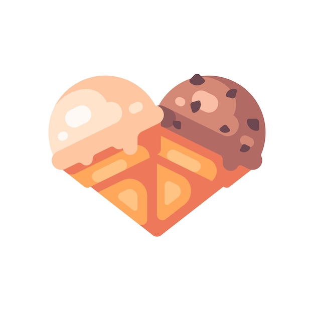 Two ice cream cones in the shape of a heart. Vanilla and chocolate ice cream flat icon