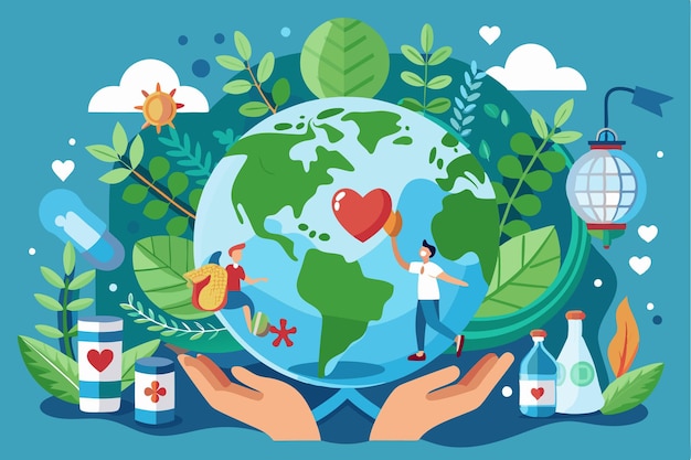 Two individuals nurture the Earth surrounded by health and nature symbols emphasizing the importance of environmental care and community involvement