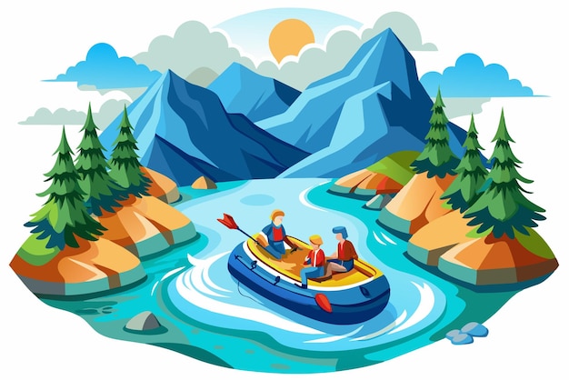 Two individuals paddle a bright blue boat along a tranquil river flanked by rugged mountains and vibrant trees under a clear sky