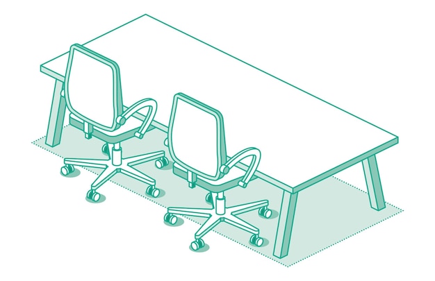 Two Isometric Office Chairs on Wheels and Modern Table with Four Legs