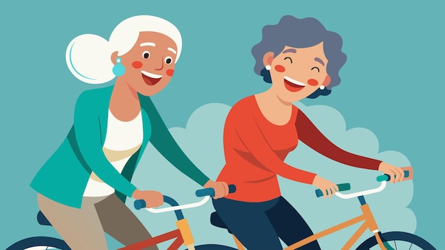 Two jovial older women chatting and laughing while taking a leisurely ride on their tandem bike