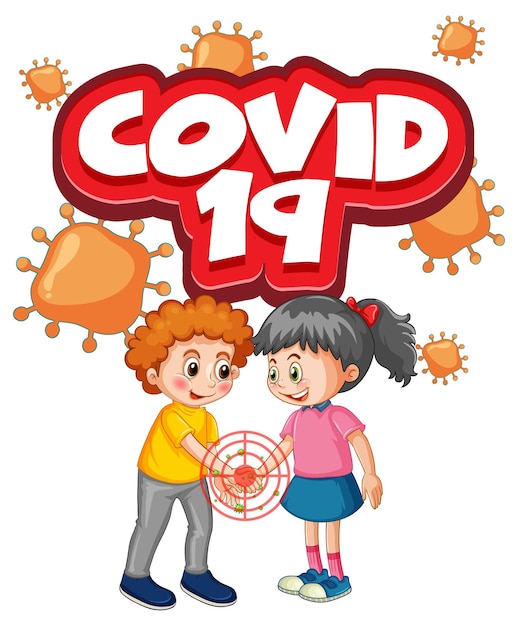 Two kids cartoon character do not keep social distance with covid-19 font isolated on white background