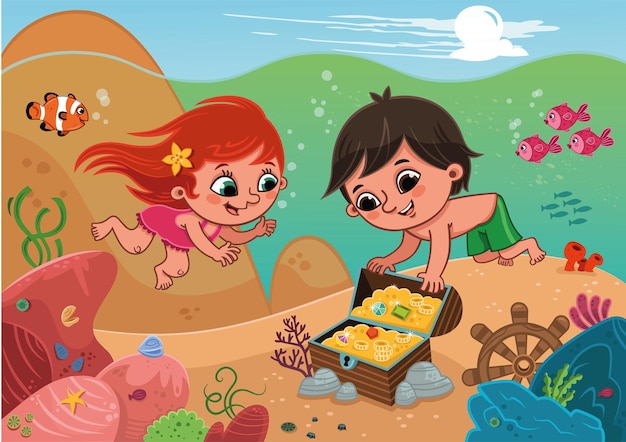 Two kids found a treasure chest while diving Vector illustration