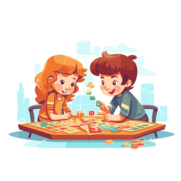 Two kids having a great time while playing a board game Vector illustration