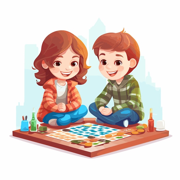 Two kids having a great time while playing a board game Vector illustration