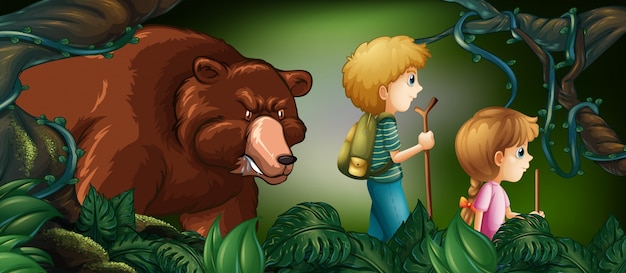 Two kids hiking in deep forest with bear behind 