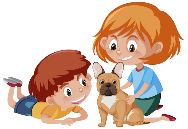 Two kids playing with cute dog on white background