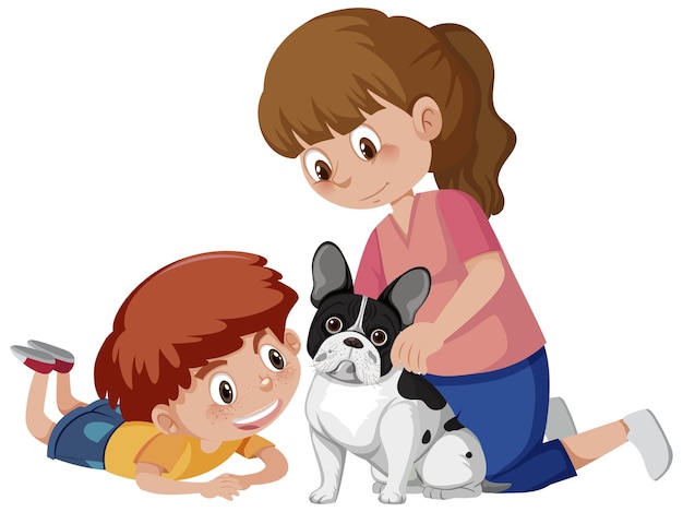 Two kids playing with cute dog on white background