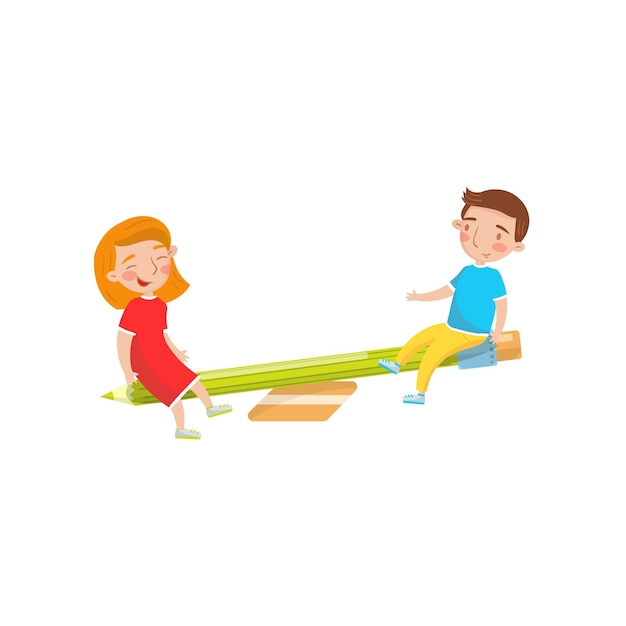 Two kids swinging on a pencil seesaw and eraser underneath preschool activities and early childhood education cartoon vector Illustration