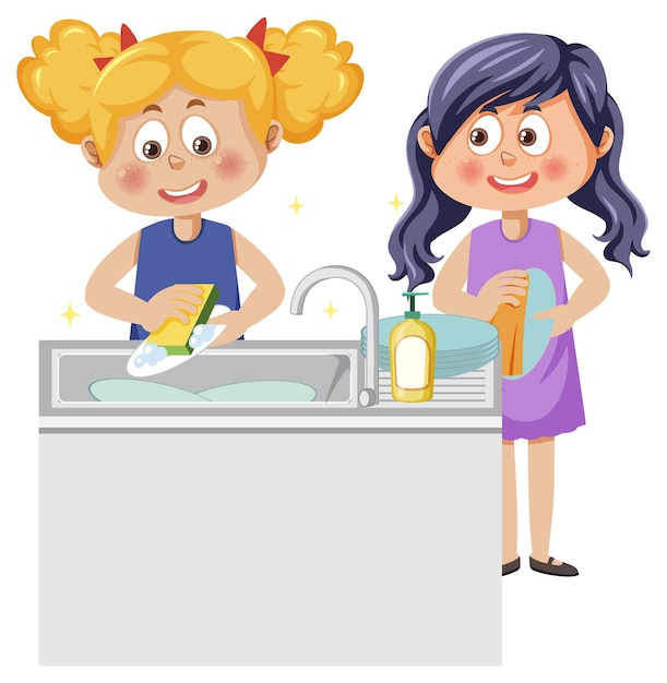 Two kids washing dishes together