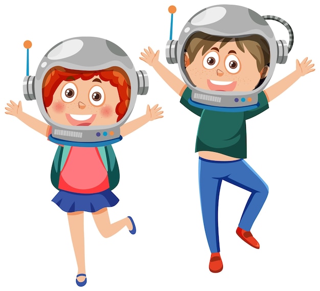 Two kids wearing astronaut helmets