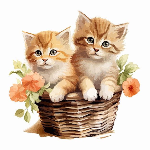 two kittens in a basket with flowers and a picture of them