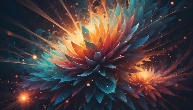 Two large abstract flowers in shades of orange blue and purple bloom with glowing light and sparkles against a dark background