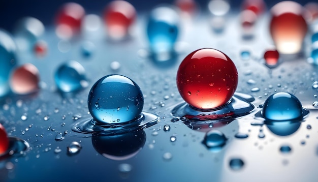 Vector two large water droplets one blue and one red sit on a blue surface with other smaller water droplets around them