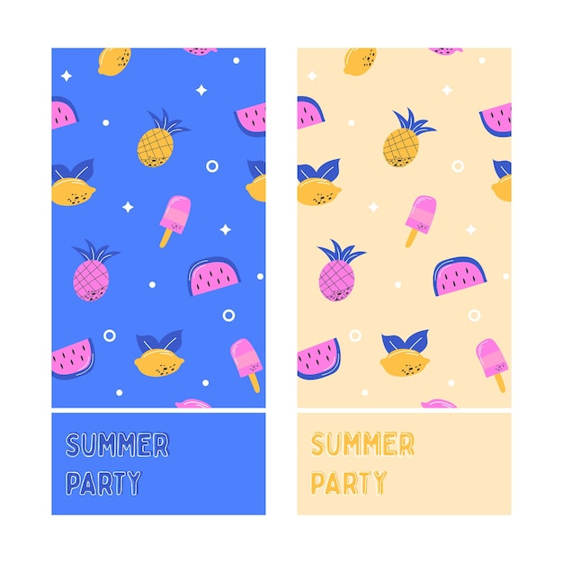 Two layouts for invitations and tickets for a summer party with summer pattern