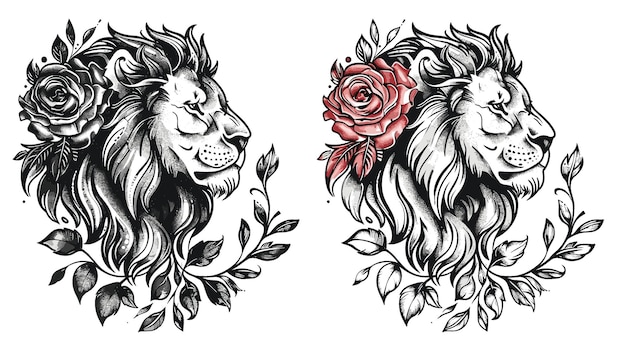 Vector two lions with roses on their heads one lion is black and white and the other is red