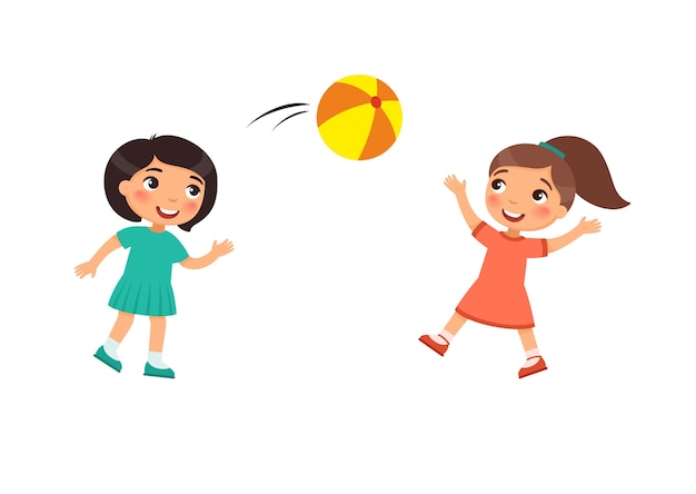 Two little cute girls play with a ball. Kids playing outdoors cartoon character. Children have fun.  Summer recreation activity.