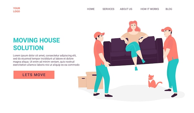 Vector two loaders who carry the girl sitting on the couch landing page