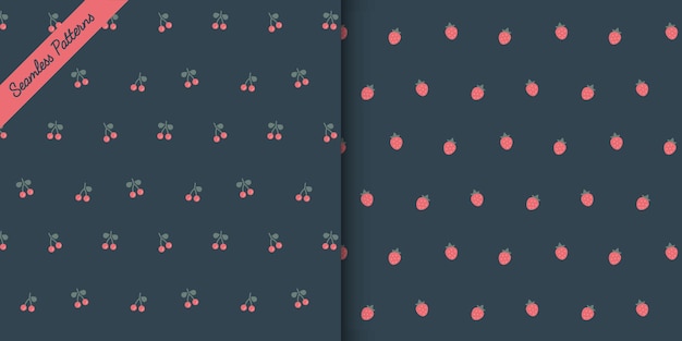 Two lovely strawberries and cherries on dark background seamless patterns set Premium vector