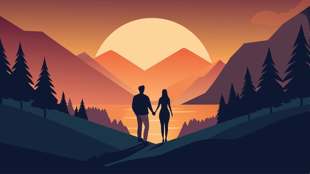 Vector two lovers holding hands in silhouette there will be sun and landscape in the background vector