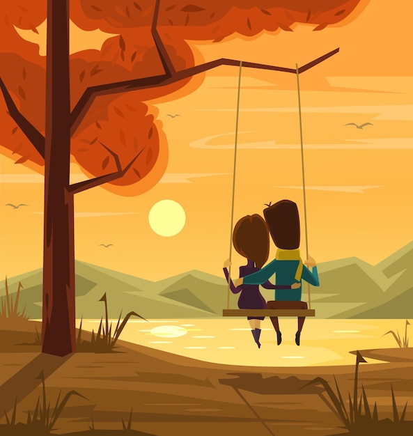 Two lovers sitting on swing at sunset flat cartoon illustration