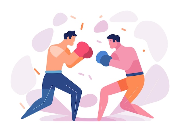 Vector two male boxers fighting in a match cartoon style one wearing red gloves other blue men engaged in sport competition boxing ring concept vector illustration