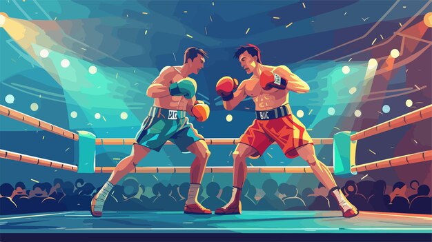 Vector two male characters fighting on boxing match