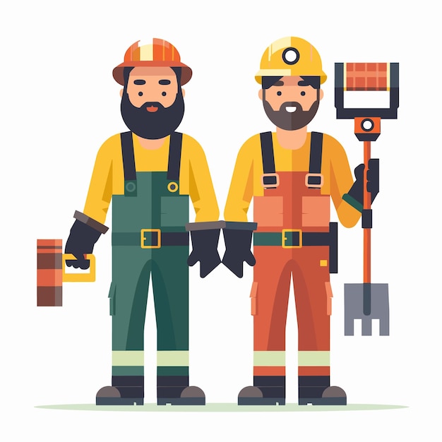 Vector two male construction workers holding tools wearing overalls gloves hats one green overalls