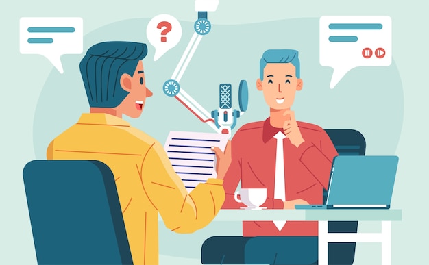 Two man character doing podcast interview with man entrepreneur in studio, michrophone and laptop on the table   illustration. used for poster, landing page and other