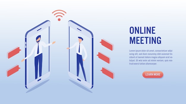 Two man communication using smartphone video call. Online meeting concept.