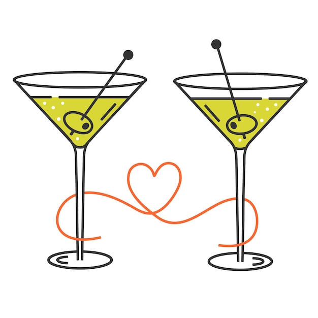 Two martini glasses with olive and heart shaped ribbon