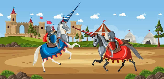 Two medieval knights fighting together