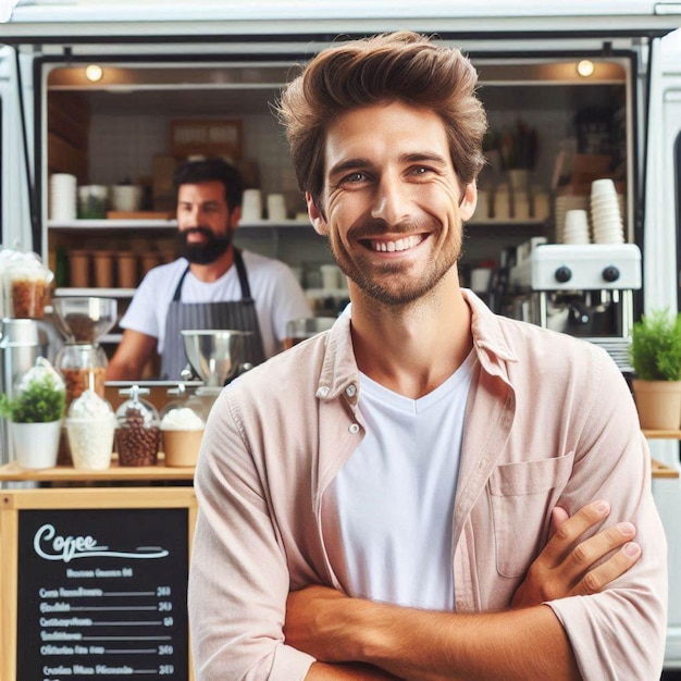 Vector two men in aprons are smiling at a kitchen counter