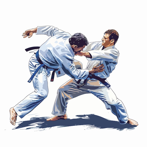 two men are fighting with one wearing black belt