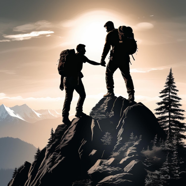 two men are standing on a mountain with a mountain in the background