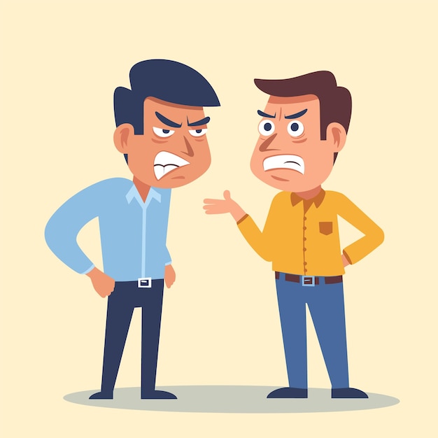 Two men arguing cartoon with angry expressions and gesturing office conflict between employees