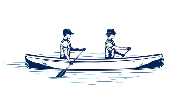 Two men canoeing on a river vector illustration