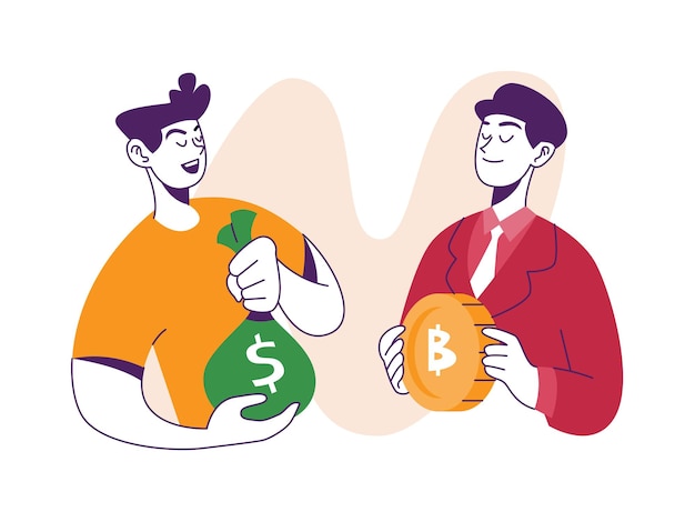 two men exchanging dollar to bitcoin