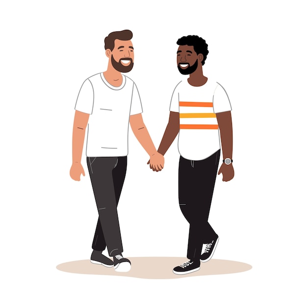 Two men holding hands walking together smiling showing friendship relationship one man