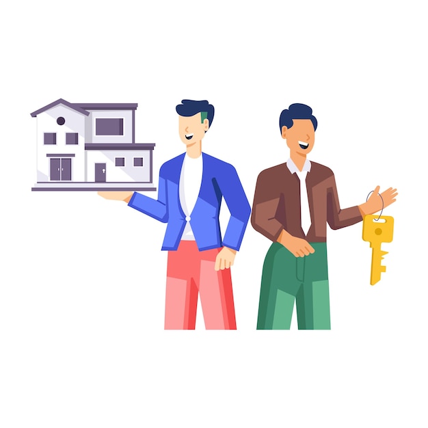 Vector two men holding a house with a house in the background