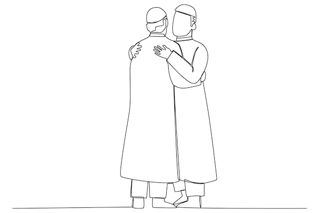 Two men hugging on eid day Silaturahim oneline drawing