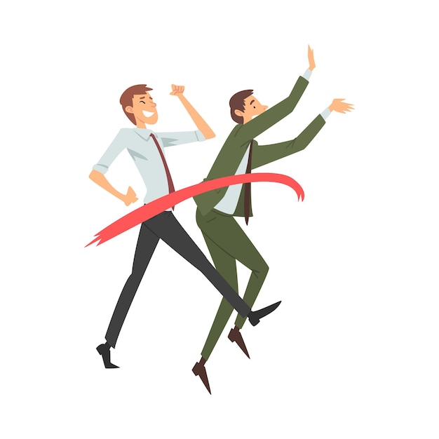 Two men in office clothes joyfully runs through red tape cartoon vector illustration