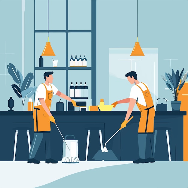 Vector two men in orange and yellow uniforms are working in a kitchen