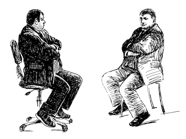 Vector two men overweight elderly in costumes on chairs conversation realistic sketch