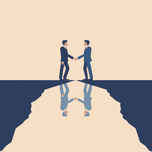 two men shaking hands in front of a water surface